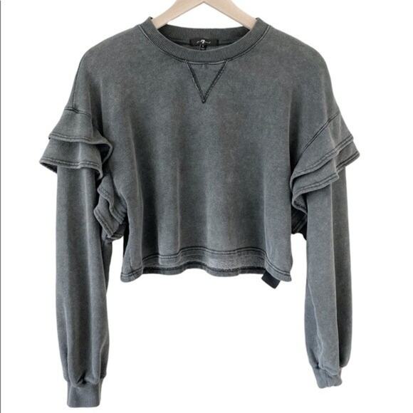 7 For All Mankind Oversized Cropped Sweatshirt Sweater Ruffled Charcoal Grey S - Picture 3 of 11